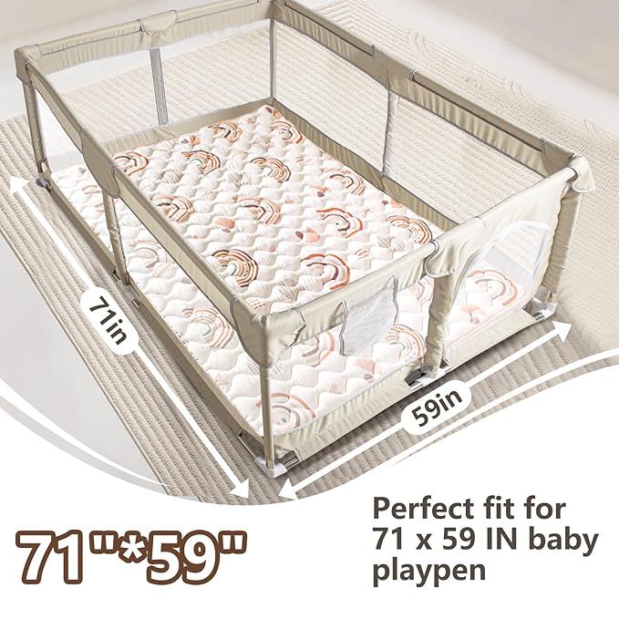Baby Play Mats for Floor, 71”x59” Upgraded Thickness & Larger Super Soft Playmat for Babies and Toddlers, Foldable Washable, Upgrade Anti-Slip Crawling Mat for Playpen(Boho Rainbow)-CubbioJoy