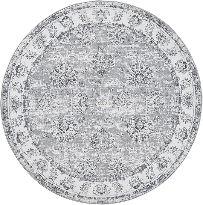 jinchan Round Rug 4ft Area Rug - Indoor Vintage Hallway Circle 4' Washable - Ultra-Thin Low Pile Soft Small Non Slip Distressed Floral Print for Living Room Dining Room Bedroom Entryway Grey-CubbioJoy