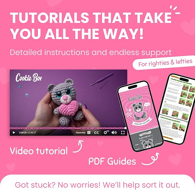 Cookie Box Crochet Kit for Beginners - Learn to Craft Amigurumi Stuffed Animals - Knitting Gift for Kids and Adults - Beginner-Friendly Yarn - Stitch-by-Stitch Video Tutorial - Bear Ted-CubbioJoy
