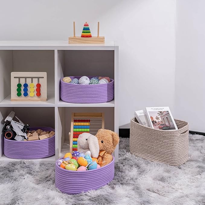 Baskets Bins for Shelf Storage Organizing/Cute Basket to Store and Organize Household Items/Woven Rope Basket for Living Room, Bedroom,Playroom,3 Packs Purple Basket-CubbioJoy