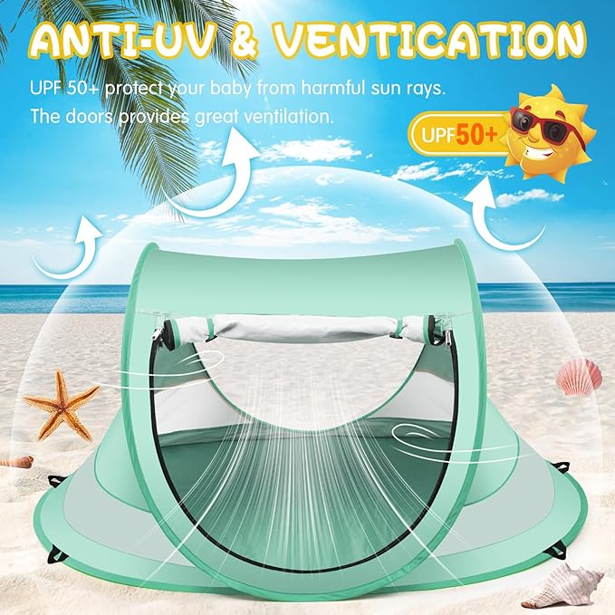 Baby Beach Tent,Large Pop Up Beach Tent Sun Shade for Beach,Portable Baby Travel Tent with Mosquito Net,Indoor Baby Play Tent,UPF 50+ UV Protection Sun Shelters for Infants-CubbioJoy