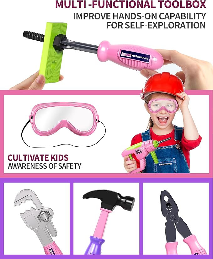 Deejoy 54Pcs Large Kids Tool Set with Electric Saw & Electronic Toy Drill, Pretend Play Kids Construction Set for Toddler 3-5 Years Old, Toddler Tool Set-Pink-CubbioJoy