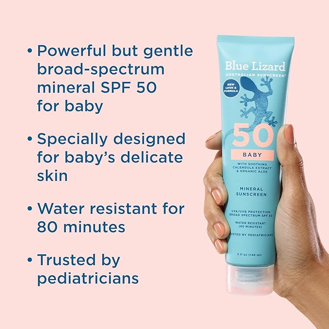 Blue Lizard BABY Mineral Sunscreen with Zinc Oxide, SPF 50+, Water Resistant, UVA/UVB Protection with Smart Cap Technology - Fragrance Free, 5 oz. Tube-CubbioJoy