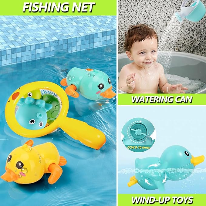 Bath Toys for Babies 6-12 Months+, Wind-up Ducks Bath Toys for Kids Ages 1-3, No Hole Ocean Animal Floating Pool Toys, Watering Can Fishing Net Water Toys for Toddlers-CubbioJoy
