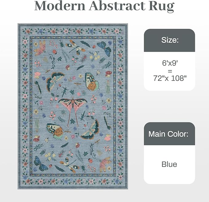 6x9 Rugs for Living Room with Insect Print - Bug Rug Non-Silp Stain Resistant Soft Carpet for Bedroom, Low Pile Ultra-Thin Machine Washable Carpet for Dining Room, Kids Nursery, Office (6'x6' Blue)-CubbioJoy