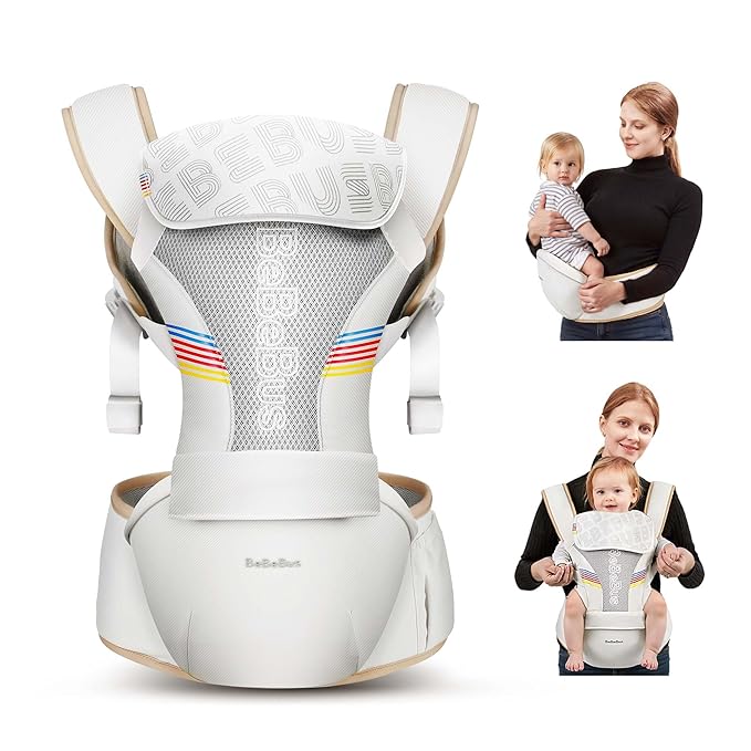 Baby Carrier with Hip Seat, BeBeBus 2-in-1 Ergonomic Newborn to Toddler Carrier up to 44 lbs, Detachable Hands-Free for Infant, All Season Forward-Facing Carry, Fits Waist Sizes up to 38 inch (White)-CubbioJoy