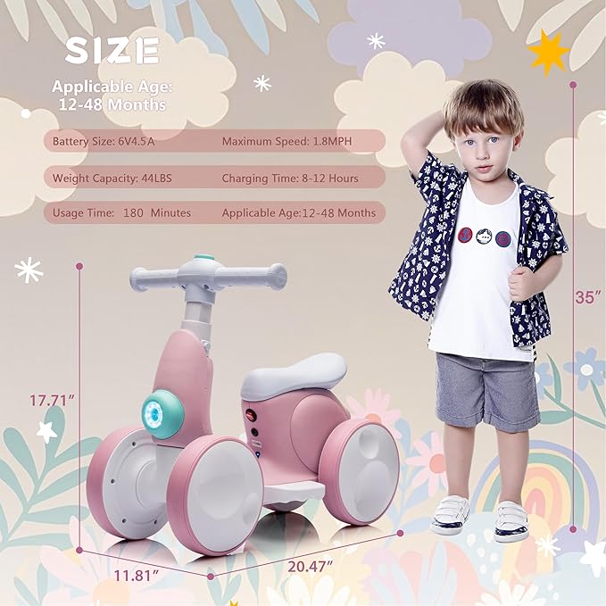 6V Electric Baby Balance Bike for 1 Year Old Boys Girls Ride on Toys 12-48 Months Toddler Balance Bike, 4 Wheels Kids First Bike with Remote Control First Birthday Gifts- Pink-CubbioJoy