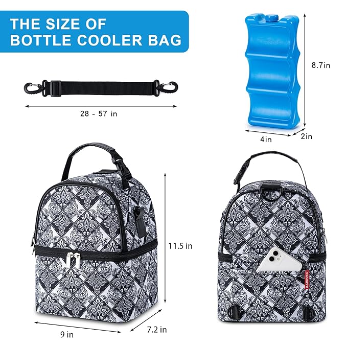 Breastmilk Cooler Bag with Ice Pack Fits 6 Baby Bottles up to 9 Ounce, Breast Milk Pump Cooler Bag with Shoulder Strap for Nursing Mom Daycare, Work, Travel- Black-CubbioJoy
