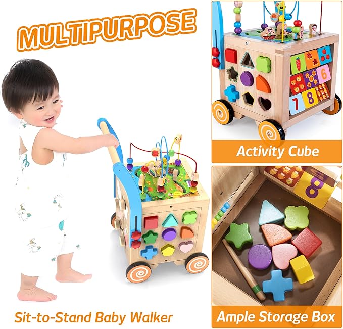 9-in-1 Wooden Activity Cube | Wooden Baby Walker, Sit-to-Stand Learning Walker Activity Center, Early Educational Push & Pull Toys for Baby Toddler Boys Girls, Height & Brake Adjustable-CubbioJoy