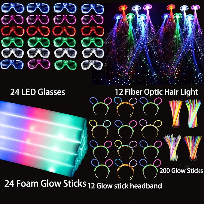 272 PCs Glow Party Supplies, 24 Foam Glow Sticks, 24 LED Glasses and 200 Glow Sticks ＆ Bracelets, 12 Glow sticks headband 12 Fiber Optic Hair Light，Glow Neon Party Favors for Wedding, Concert, Raves-CubbioJoy