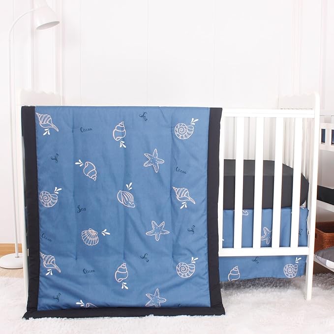 CaSaJa Baby 3-Piece Crib Bedding Set for Boys Girls, Including Soft Quilted Comforter(Blanket), Fitted Crib Sheet and Skirt, Soft Nursery Bedding Set Made of Silky Comfy Materials, Sea Conch-CubbioJoy