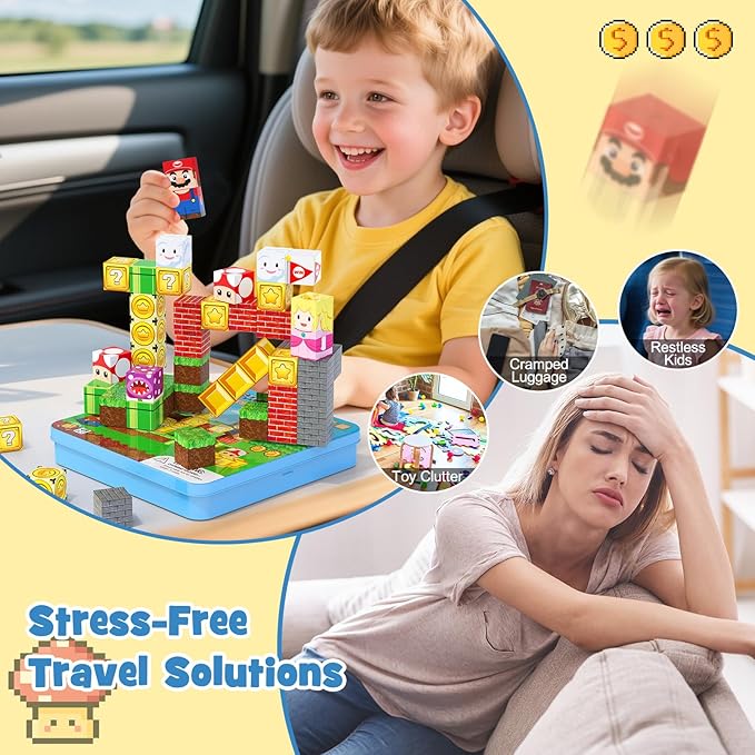 49PCS Mini Magnetic Tiles Travel Toys for Kids Ages 4-8, Magnetic Building Blocks Adventure Set with Portable Iron Storage Box & Play Base, STEM Learning Activities for Toddlers 3-5-CubbioJoy