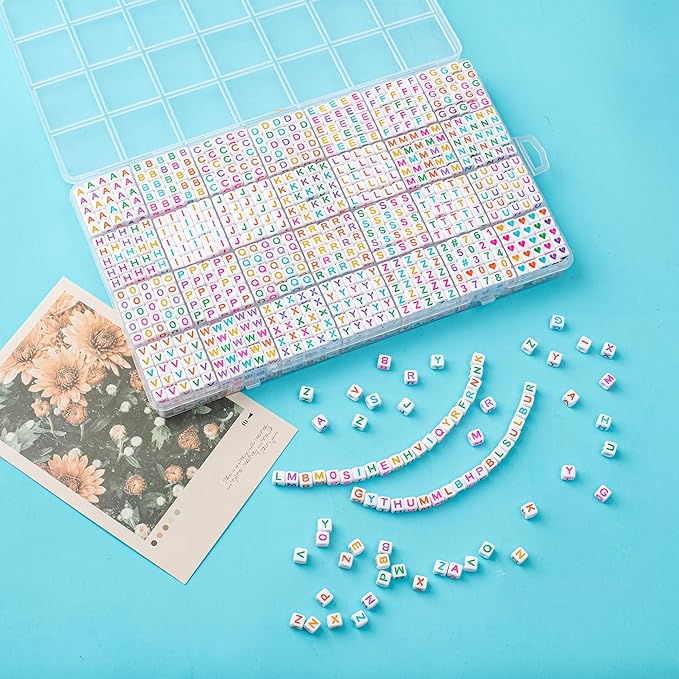 1400pcs Letter Beads, 6x6 mm Acrylic Alphabet Beads, Beads for Jewelry and Bracelet Making, in 28 Grid Box (White and Colorful)-CubbioJoy