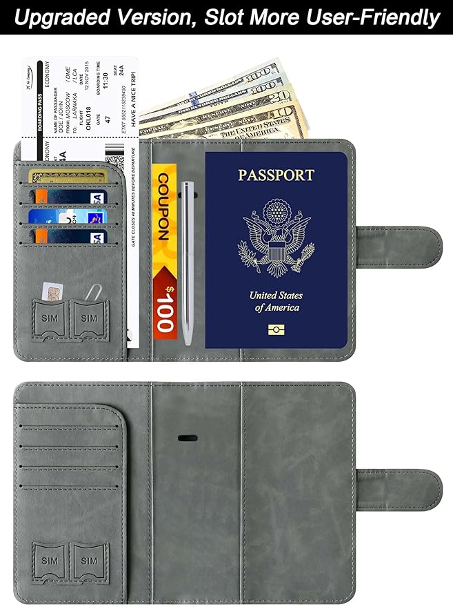 Airtag Passport Holder Cover Wallet Travel Essentials Leather Rfid Blocking Case Vacation Luggage Must Haves Travel Accessories for Men Women (117#Grey)-CubbioJoy