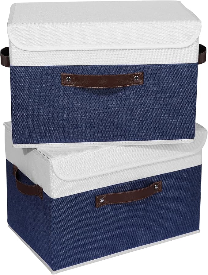 ANMINY 2PCS Storage Boxes with Lid Washable Decorative Storage Bin Basket with PU Leather Handle Foldable Linen Fabric Storage Cube Container for Home Closet Organizer - Deep Blue White, Large Size-CubbioJoy