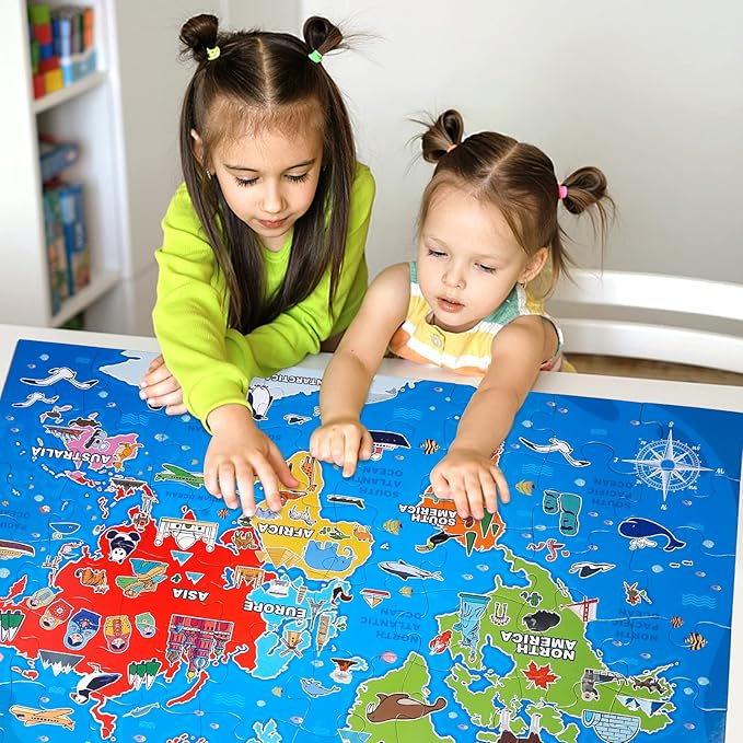 Jumbo Floor Puzzle for Kids,World Map Jigsaw Geography Puzzles,48 Piece Globe Atlas Puzzle with Continents,United States Puzzle for Ages 3-5,Preschool Learning Toys Gift for 4-8 Years Old-CubbioJoy