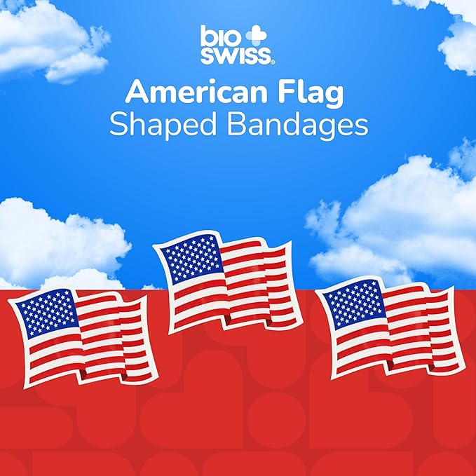 BioSwiss Bandages, American Flag Shaped Self Adhesive Bandage, Latex Free Wound Care, Fun First Aid Kit Supplies for Kids and Adults, 50 Count-CubbioJoy