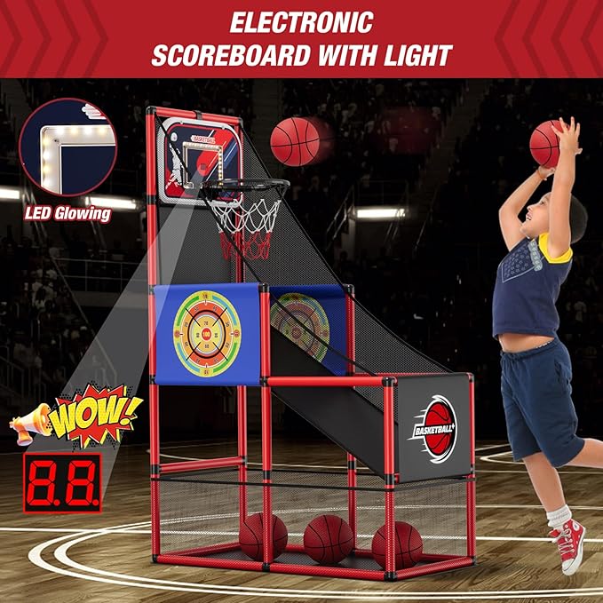 Basketball Arcade Game Indoor Outdoor, Kids Basketball Hoop with 4 Balls & Pump, Single Shot Basketball Game at Home, Carnival Games Sport Toys Gifts for Boys Girls Teens-CubbioJoy