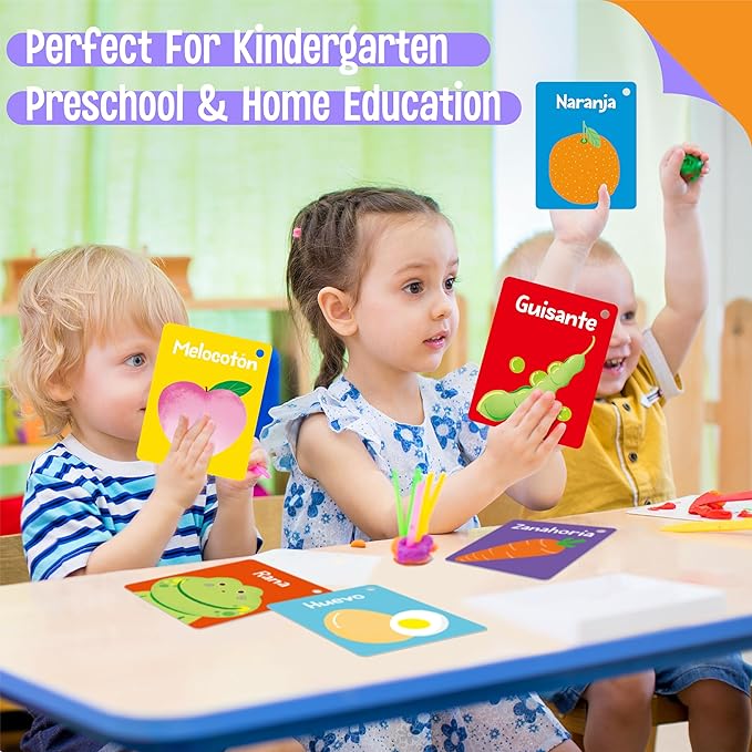 51 PCS Spanish Baby Cognitive Flashcards, Double Sided Printed 7 in 1 Colorful Cards Alphabet, Numbers, Foods, Animals, Shapes, Colors with 2 Reclosable Rings, Learning Tool for Toddlers-CubbioJoy