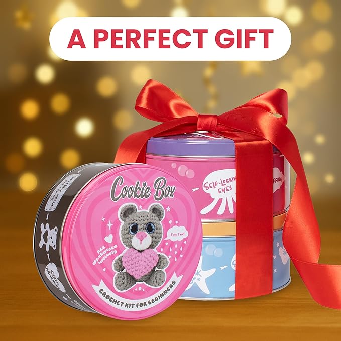 Cookie Box Crochet Kit for Beginners - Learn to Craft Amigurumi Stuffed Animals - Knitting Gift for Kids and Adults - Beginner-Friendly Yarn - Stitch-by-Stitch Video Tutorial - Bear Ted-CubbioJoy