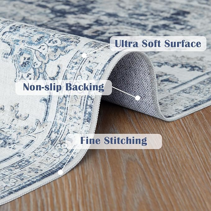 jinchan Runner Rug 3x10-2pcs Kitchen Washable Vintage Hallway Rug Floral Print Floor Cover Indoor Thin Retro Mat Accent for Bathroom Laundry Room Bedroom Office Farmhouse (Double,Dark Blue)-CubbioJoy