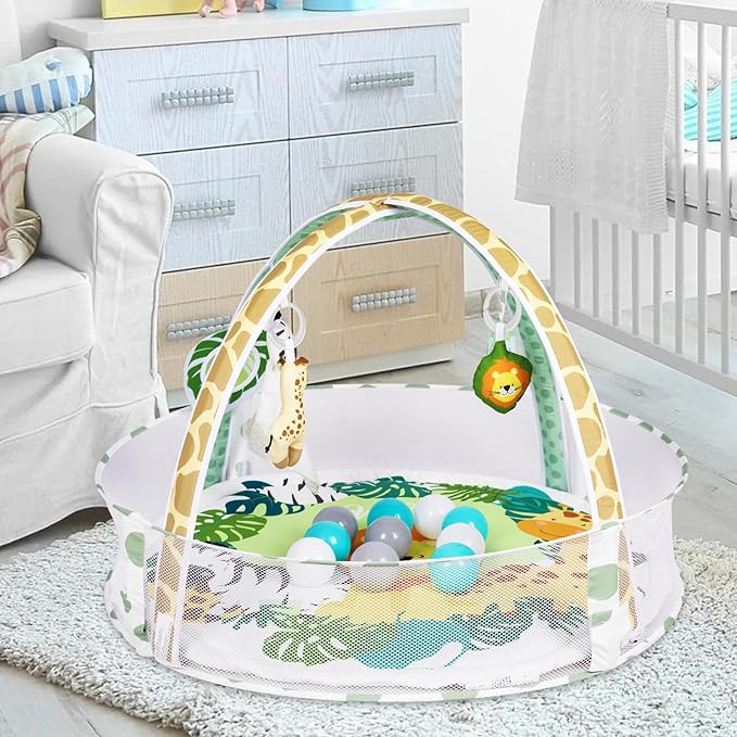 Baby Play Mat, 4-in-1 Baby Play Gym Tummy Time Mat with Ball Pit and 5 Detachable Toys for Newborn to Develop Sensory Exploration and Motor Skill 0-6-12 Months-CubbioJoy