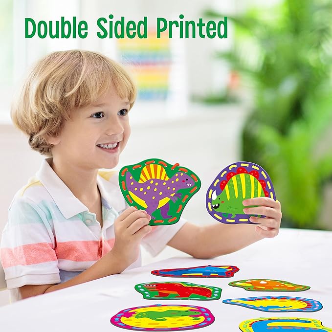 9 Pieces Kids Lacing Cards, Double Sided Sewing Cards in 9 Dinosaurs with 9 Colorful Laces, Imagination Development Lacing Toys Games for Children Educational and Learning Activity-CubbioJoy