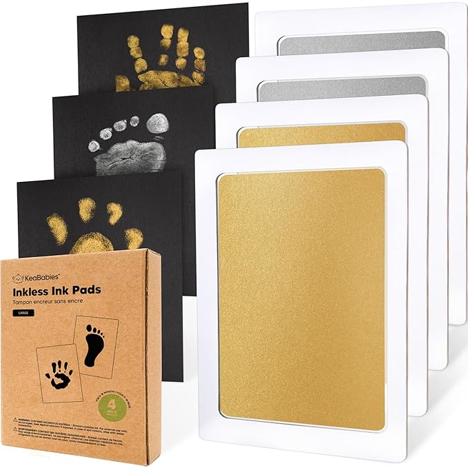 4-Pack Inkless Baby Hand and Footprint Kit - Mess Free Ink Pad for Newborn Keepsake, Dog Nose & Paw Print Kit, Clean Touch Ink Pad for Baby Hand & Footprints, Ideal New Mom Gifts (Gold/Silver, L)-CubbioJoy