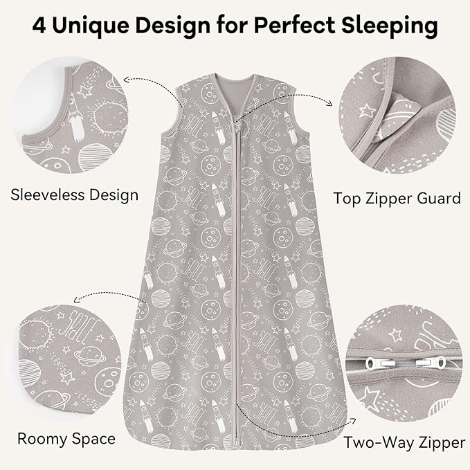 Baby Sleep Sack 6-12 Months 3 Pack 100% Cotton Lightweight 0.5 TOG Wearable Blanket Baby Sleep Bag with 2-Way Zipper for Newborn Infant White Gray Blue Space-CubbioJoy