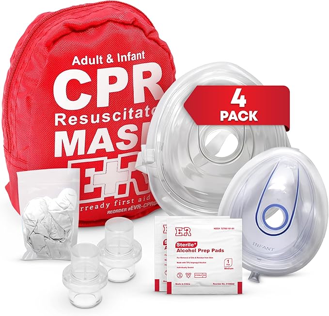 Adult and Infant CPR Mask Combo Kit – 4-Pack – 8 Valves, 4 Gloves, 8 Alcohol Pads – Latex-Free, Portable Pouch for First Responders-CubbioJoy