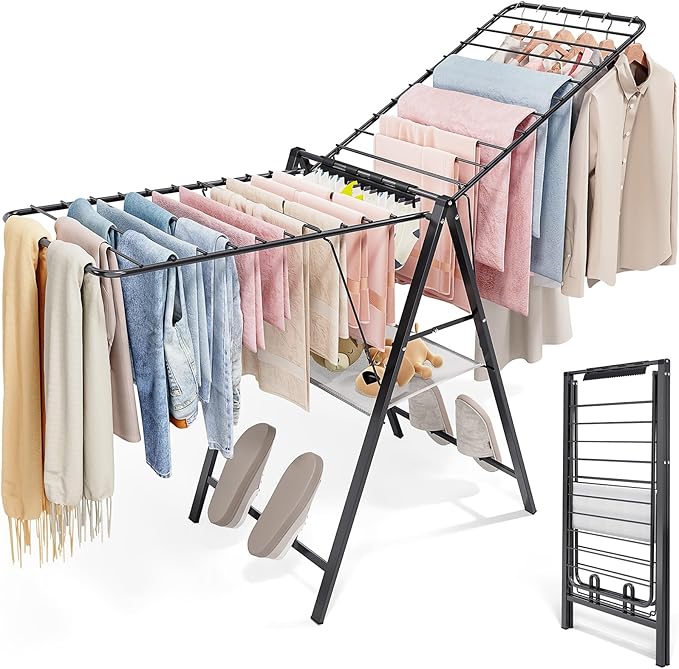 APEXCHASER Foldable Clothes Drying Rack, Metal Laundry Drying Rack Collapsible, Ultra Thin Clothes Rack for Sweater Bra Towel for Indoor & Outdoor Use, Height Adjustable Gullwing Clothes Airer, Black-CubbioJoy