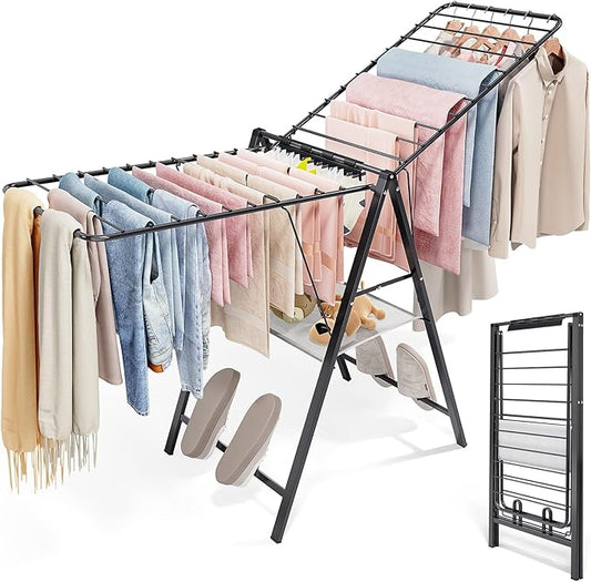 APEXCHASER Foldable Clothes Drying Rack, Metal Laundry Drying Rack Collapsible, Ultra Thin Clothes Rack for Sweater Bra Towel for Indoor & Outdoor Use, Height Adjustable Gullwing Clothes Airer, Black-CubbioJoy