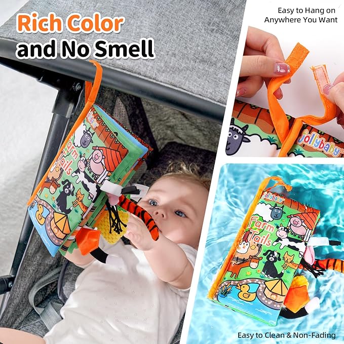 Jollybaby Baby Cloth Books, Touch & Feel Crinkle Soft Books, for Infants Babies, Toddler Early Educational Interactive Stroller Toys, Baby Girl & Boy Gift(Farm Tails)-CubbioJoy