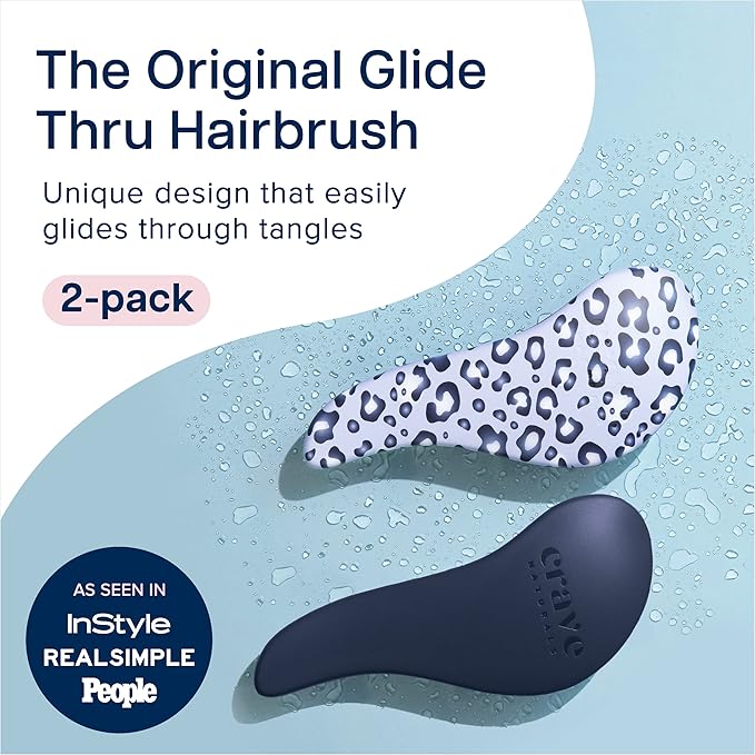 Crave Naturals Glide Thru Detangling Hair Brush for Adults and Kids - Detangler Hairbrush for Curly or Straight, Wet or Dry Hair - Gentle on Tangles Comb - Navy Blue and Blue Cheetah (Pack of 2)-CubbioJoy