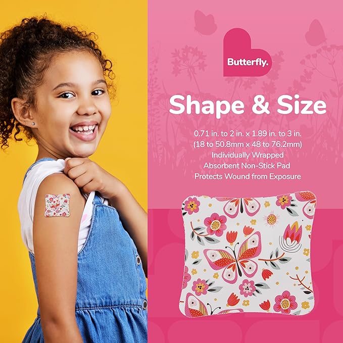 BioSwiss Bandages, Assorted Size Butterfly Print Self Adhesive Bandage, Latex Free Sterile Wound Care, First Aid Kit Supplies for Kids and Adults, 60 Count-CubbioJoy