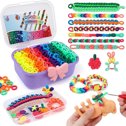 IQBOX Bracelet Making Kit Arts and Crafts for Girls Ages 8-12, Weaving Loom Rainbow Bands DIY Toys Birthday Gifts for Kids 6 7 9 10 11 13 Year Old, 1000+ Elastic Cloth Rubber Band Fabric Loops-CubbioJoy