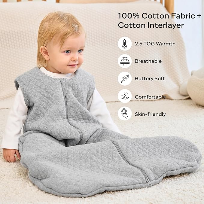 JELLYMONI Baby Sleep Sack TOG 2.5, 6-12 Months Winter Baby Wearable Blanket, 100% Cotton Infant Sleeping Sack 2-Way Zipper Warm Quilted Sleepsack-CubbioJoy