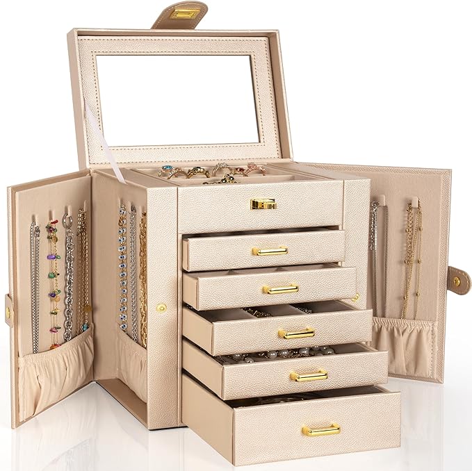 AKOZLIN 6-Tier Jewelry Box Organizer Functional Leather Jewelry Storage Case for Women Girls Ring Necklace Earring Bracelet Holder Organizer with Mirror-CubbioJoy