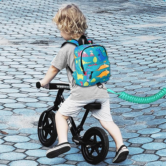 Accmor Toddler Backpack Leash with Anti Lost Wrist Link, Cute Mini Child Walking Harnesses Keep Kids Close Back Pack Rope Tether Rein for Baby Boys (Turquoise/Dino)-CubbioJoy