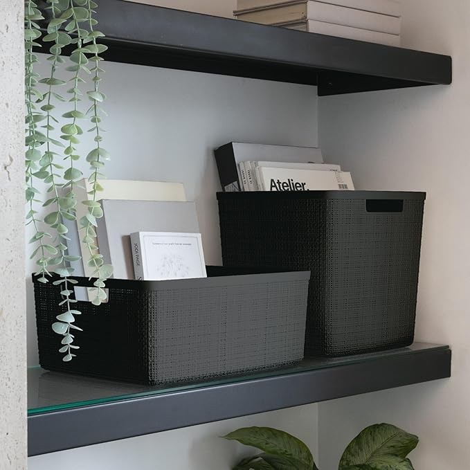 Curver Set of 6 Jute Medium Decorative Plastic Organization and Storage Baskets, Perfect Bins for Home Office, Closet Shelves, Kitchen Pantry and All Bedroom Essentials, Black-CubbioJoy