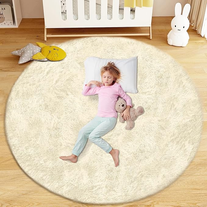 4FT Round Rug for Bedroom: Fluffy Shag Soft Washable Rugs Circle Small Fuzzy Plush Indoor Carpet for Living Room Nursery Playroom Dorm Kids Girls Boys Room (Cream White, 4'x4')-CubbioJoy