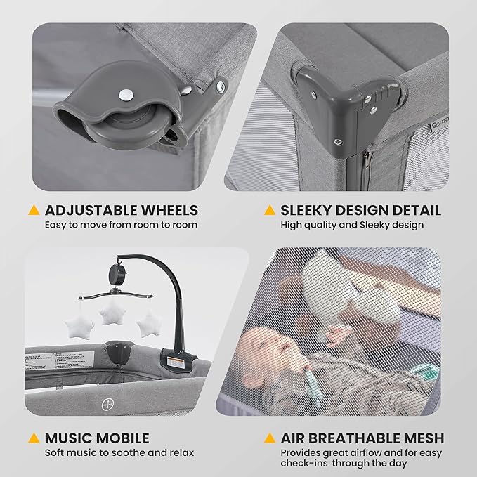 2-in-1 Baby Playard, Pack and Play Bassinet, Easy Folding Portable Crib with Music Mobile for Newborn to Toddlers (Grey)-CubbioJoy