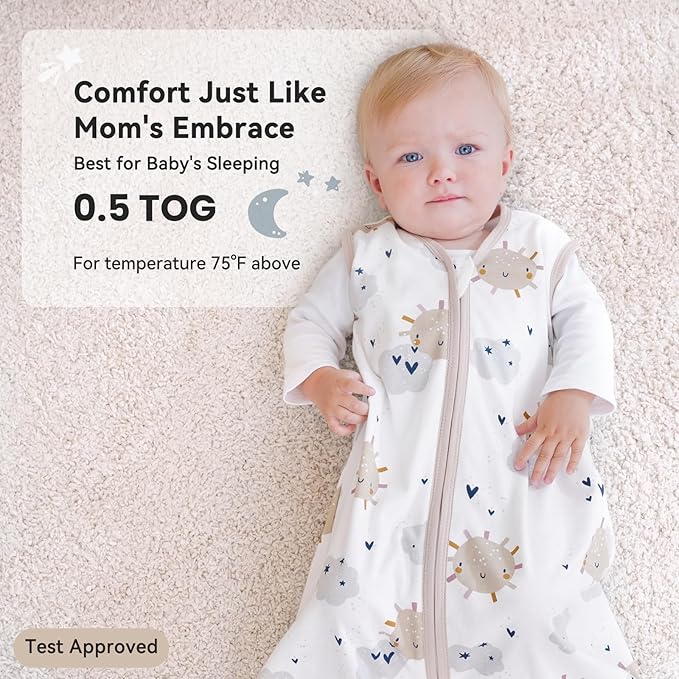 Baby Sleep Sack 18-24 Months 0.5 Tog Wearable Blanket Baby, 3 Pack 100% Cotton Lightweight Sleeping Sack with 2-Way Zipper for Infant Toddler Apricot White Sun Clouds-CubbioJoy