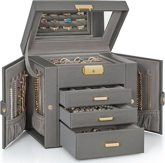 AKOZLIN 4-Tier Jewelry Box Leather Jewelry Storage Organizer with 3 Drawers Lockable for Women Girls Ring Necklace Earring Bracelet Holder with Mirror Dark Grey-CubbioJoy