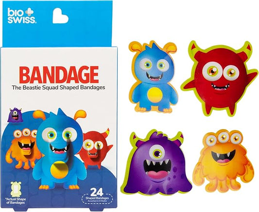 Bioswiss Bandages, Beastie Squad Shaped Self Adhesive Bandage, Latex Free Sterile Wound Care, Fun First Aid Kit Supplies for Kids and Adults, 24 Count-CubbioJoy