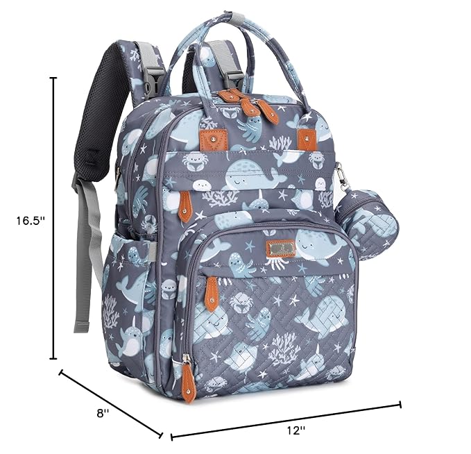 BabbleRoo Diaper Bag Backpack - Baby Essentials Travel Tote - Multi Function Waterproof Diaper Bag, Travel Essentials Baby Bag with Changing Pad, Stroller Straps & Pacifier Case - Unisex, Sea Animals-CubbioJoy