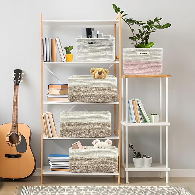 COMFY-HOMI Cotton Rope Woven Basket with Handles for Shelves,Toys,Book, Cloth Storage Baskets for Organizing-17" x 13" x 7.5" Toy Decorative Organizer for Living Room, Bathroom （white/3 brown）-CubbioJoy