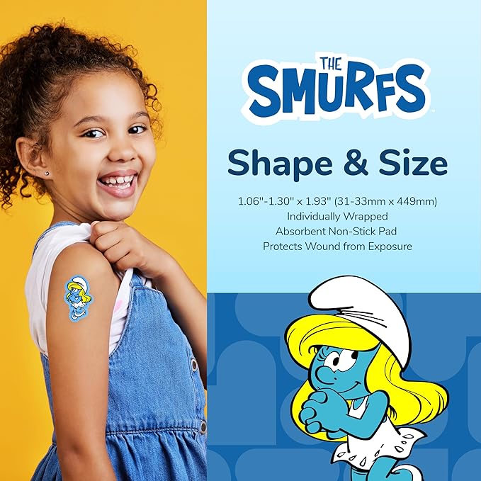 BioSwiss Bandages, The Smurfs Classic Shaped Self Adhesive Bandage, Latex Free Sterile Wound Care, Fun First Aid Kit Supplies for Kids and Adults, 50 Count Plastic Case-CubbioJoy