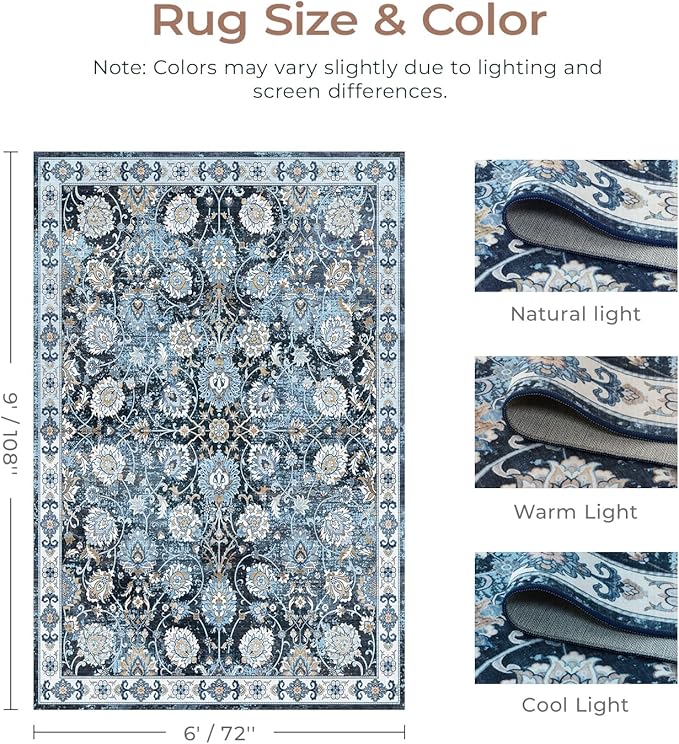 6x9 Area Rug for Living Room & Bedroom, Washable Non-Slip Vintage Rugs, Floral Soft Carpet, Low Pile Wool Carpets for Indoor Dining Home Office Playroom Under Table, Modern Decor, Blue Garden-CubbioJoy