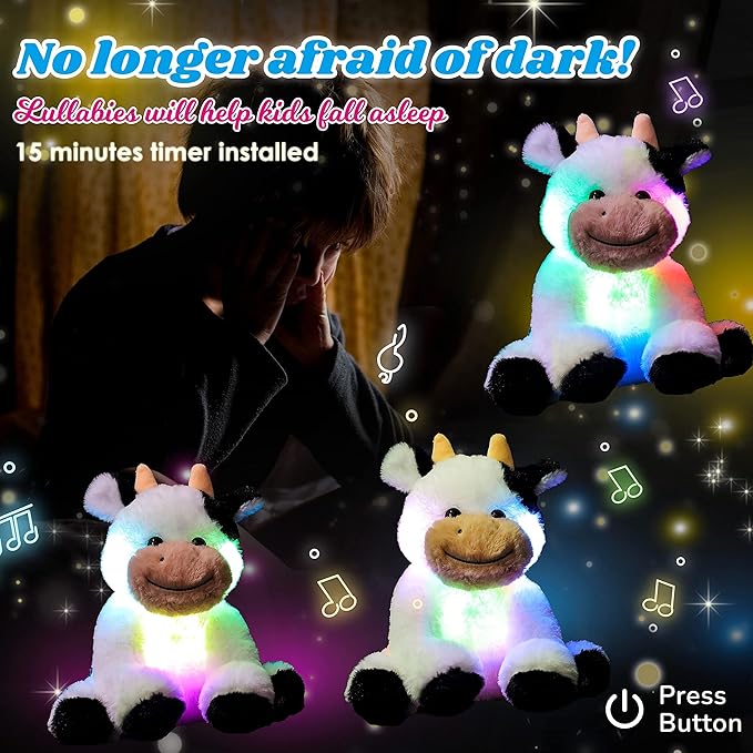 Cuteoy Glowing LED Cow Light-up Nightlight Toys Musical Plush Stuffed Animal Soft Singing Lullabies Birthday Christmas Plushies Gifts for Kids Boys Girls,10"-CubbioJoy